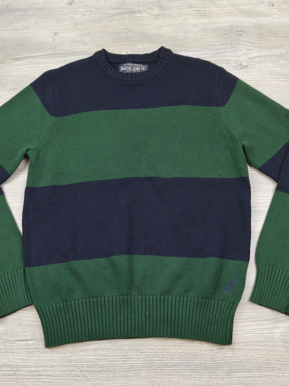 Nautica Mens Medium Green Navy Stripe Heavyweight Cotton Knit Crewneck Sweater